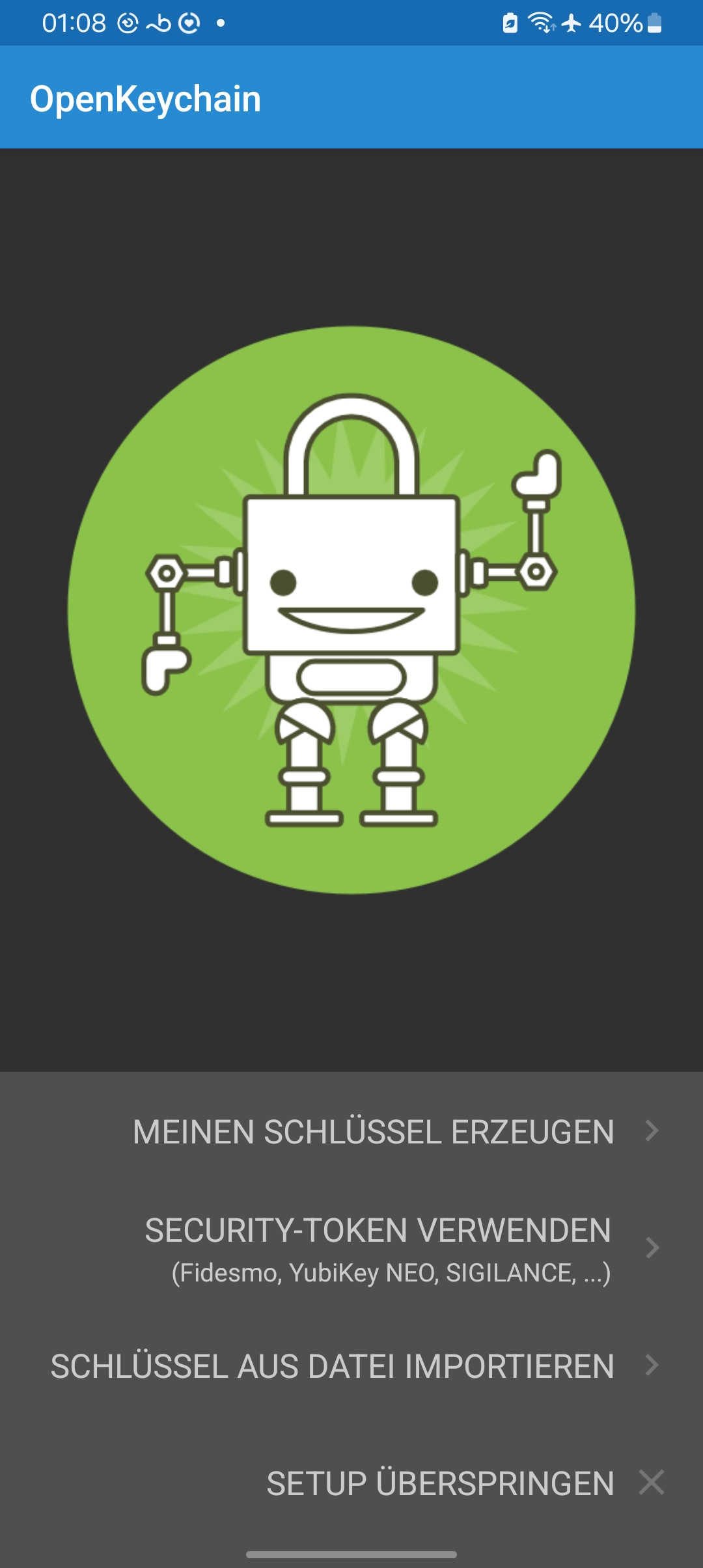 Hauptansicht von OpenKeychain mit der Option Generate a New Key