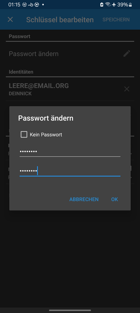 Bildschirm zur Einrichtung des Unterschlüssels
