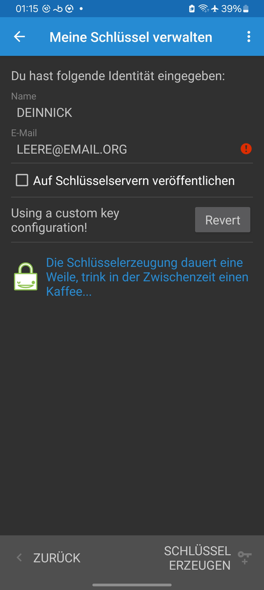Bildschirm zur Schlüsselerstellung