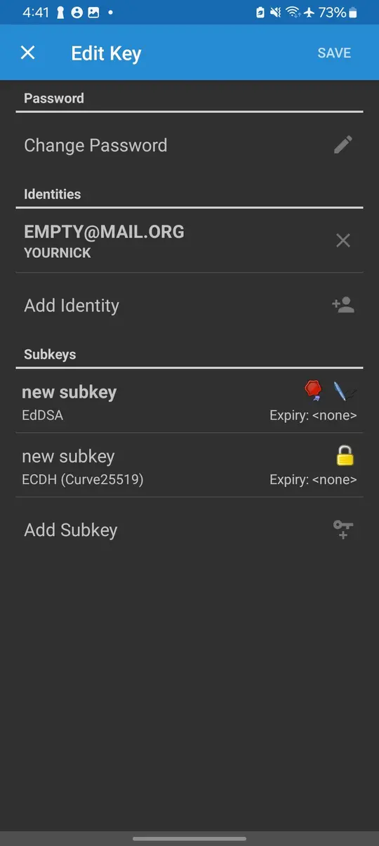 Key password setup screen