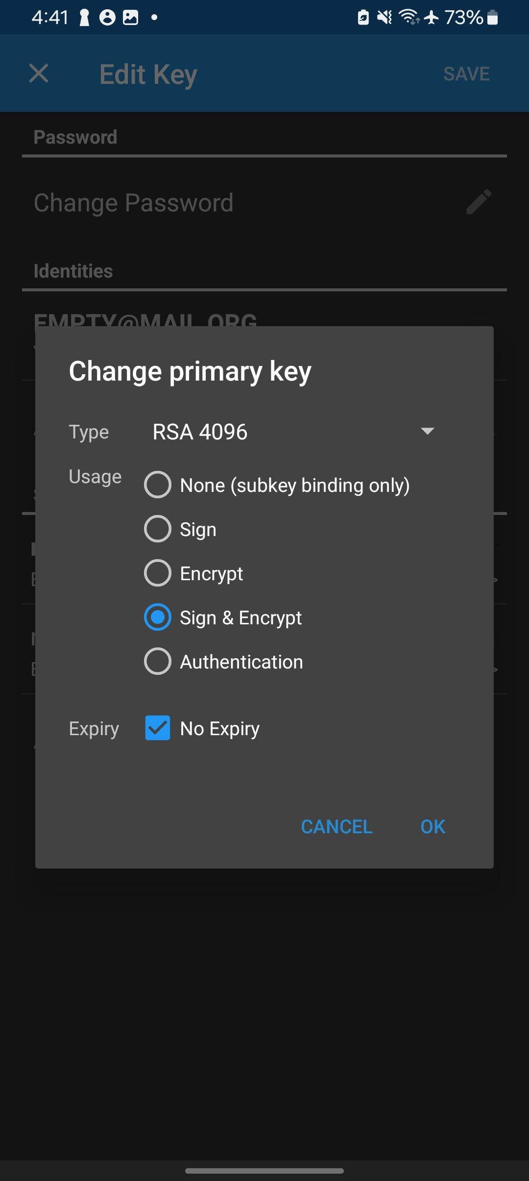 Master key setup screen