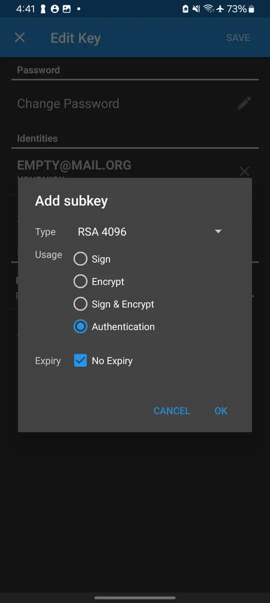 Subkey setup screen